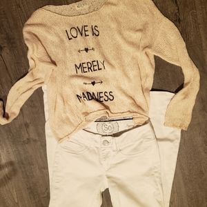 Peach Sweater size medium.  Very cute.  "Love Is Merely Madness".